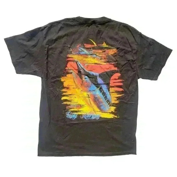 New Guy Harvey Black Chainsaw T-Shirt Men's Size Large Fish Summer Fishing - Picture 1 of 10